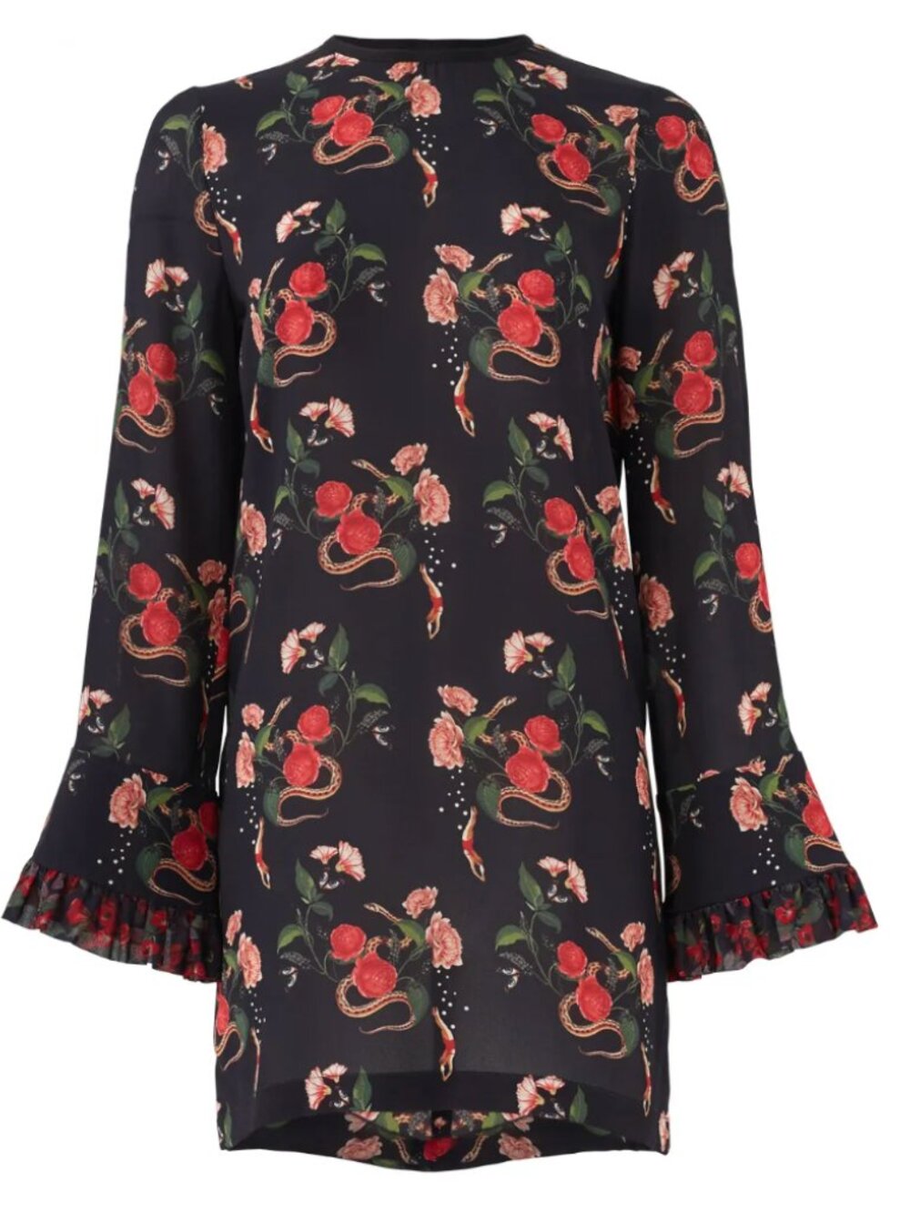 Mother of Pearl Silk Euna Black Floral Serpent Dress Rose 650$ Bell Sleeve - Picture 3 of 4